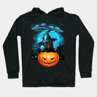 Black Pug Witch Hat Pumpkin And Blue Moon Halloween Hoodie